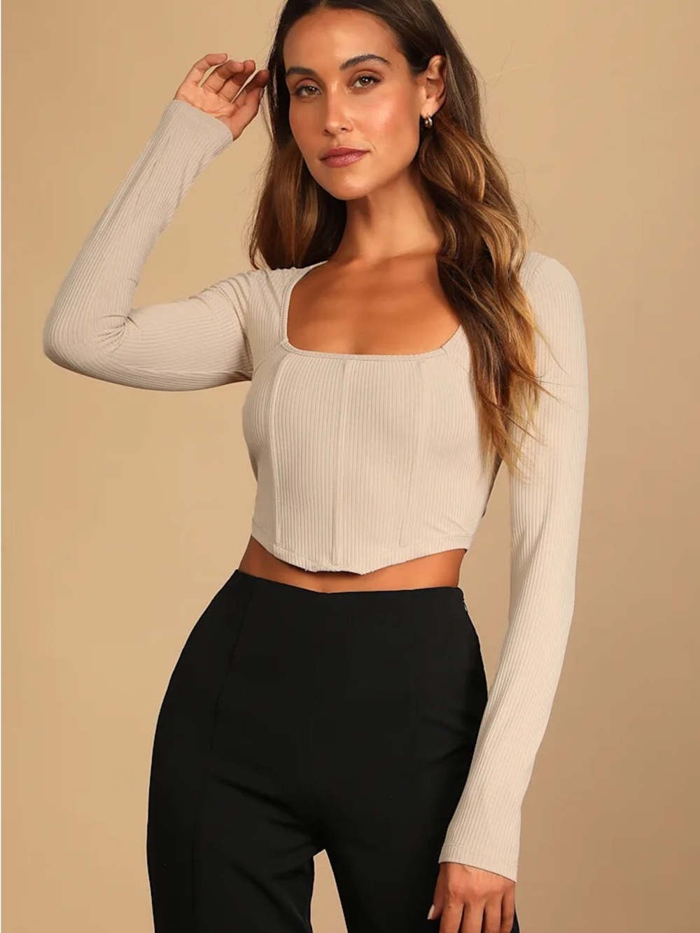 Flair for the Flirty Beige Ribbed Long Sleeve Bustier Crop Top